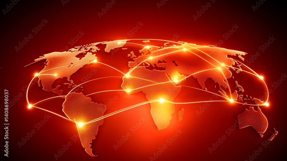 Poster the image contains a stylized, glowing orange world map with interconnected lines representing globa
