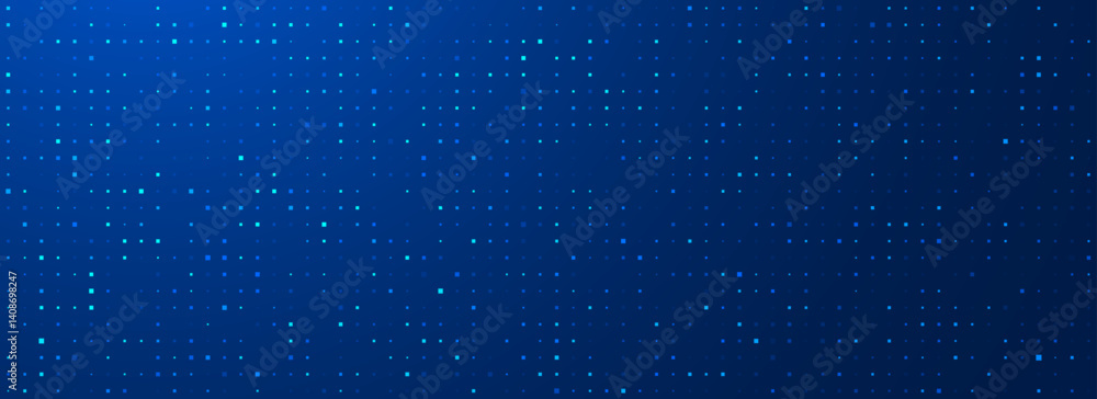 Poster blue glowing pixel dot pattern. navy color mosaic pattern backdrop. abstract neon technology grid wa
