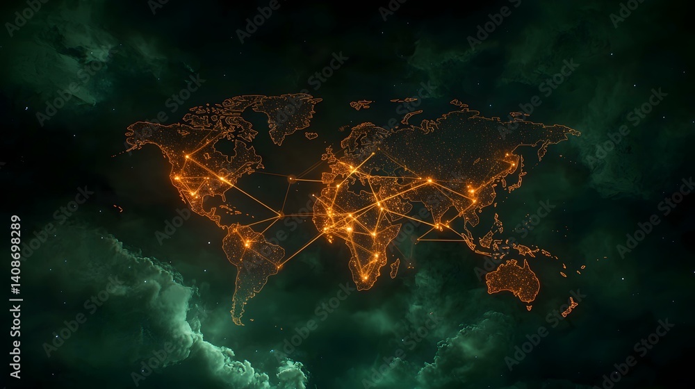 Poster the image shows an orange, glowing outline of a world map set against a dark green, nebula-like back