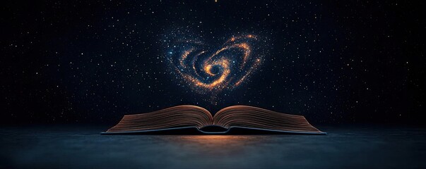 Open book under starry sky filled with galaxy and knowledge concept. An open book with a galaxy forming a heart above it.