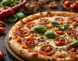 Tomato Pizza with Basil Leaves Delicious Italian Cuisine