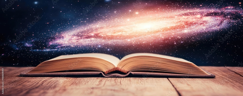 Poster open book under starry sky merging imagination and learning concept. an open book revealing a cosmic