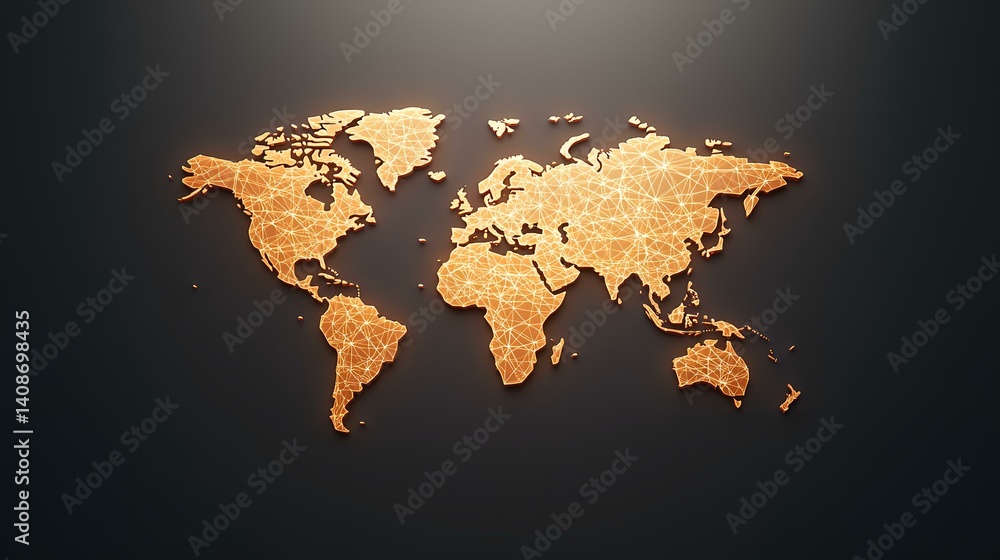 Aufkleber a glowing, golden, three-dimensional world map composed of interconnected nodes and lines is display