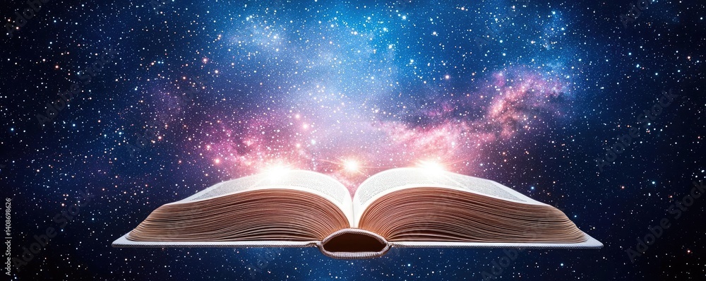 Poster open book under starry sky filled with galaxy and knowledge concept. an open book in a cosmic space 