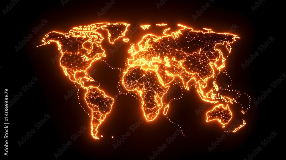 Poster the image shows a glowing orange world map composed of interconnected nodes and lines, suggesting gl