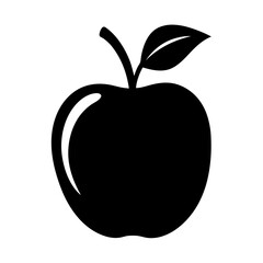 A simple black and white illustration of a single apple with a leaf
