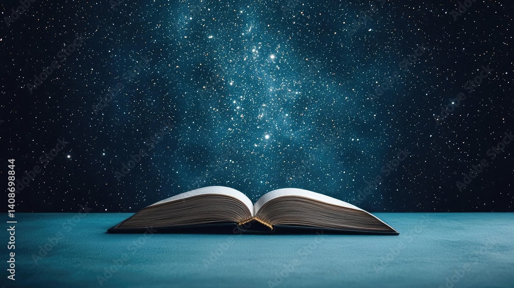 Poster open book under starry sky blending dreamlike imagination concept. an open book under a starry sky, 