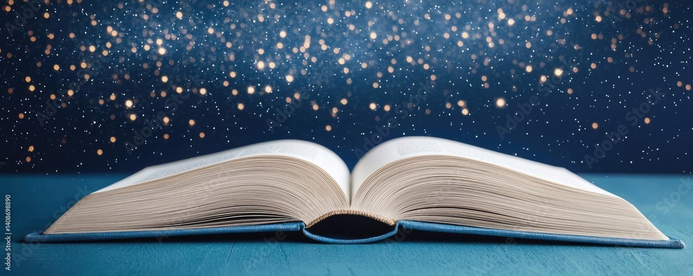 Poster open book under starry sky merging imagination and learning concept. an open book with stars in the 