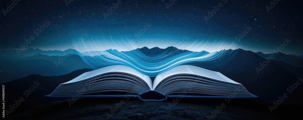 Aufkleber open book under starry sky merging imagination and learning concept. an open book with mountains and