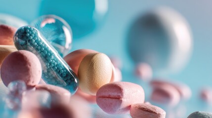 Colorful Pills Abstract: A vibrant and abstract collection of colorful pills, capsules, and tablets create a visually striking and thought-provoking image.