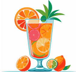 Glass of orange juice with lemon, 
Vector flat art of a juice glass with fruit slices-minimalist summer vibe.