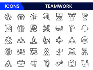 Vector line icon collection for teamwork—depicts collaboration, cooperation, people working together, sharing ideas, and achieving common goals. Perfect for team-oriented projects.