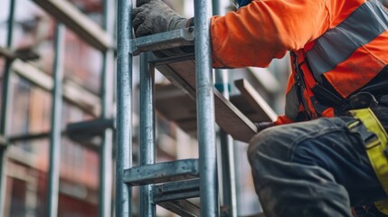 A construction worker assembling a scaffold. Featuring teamwork and technical expertise