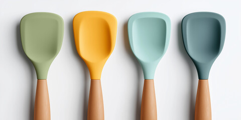 Four colorful silicone kitchen utensils with wooden handles on white background