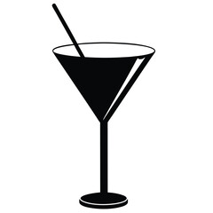 Elegant Black Martini Glass Silhouette with a Straw, Transparent