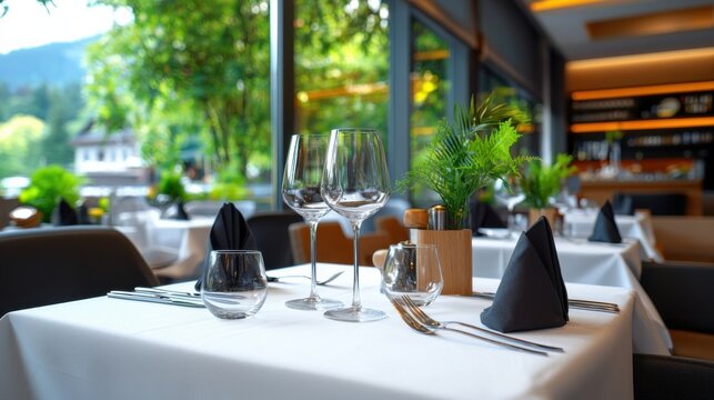 Elegant dining table setting with white tablecloth glassware cutlery and fresh greenery against a backdrop of a scenic mountain view in an upscale contemporary restaurant interior