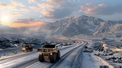 Obraz premium Trucks traveling on a snowy mountain road at sunset