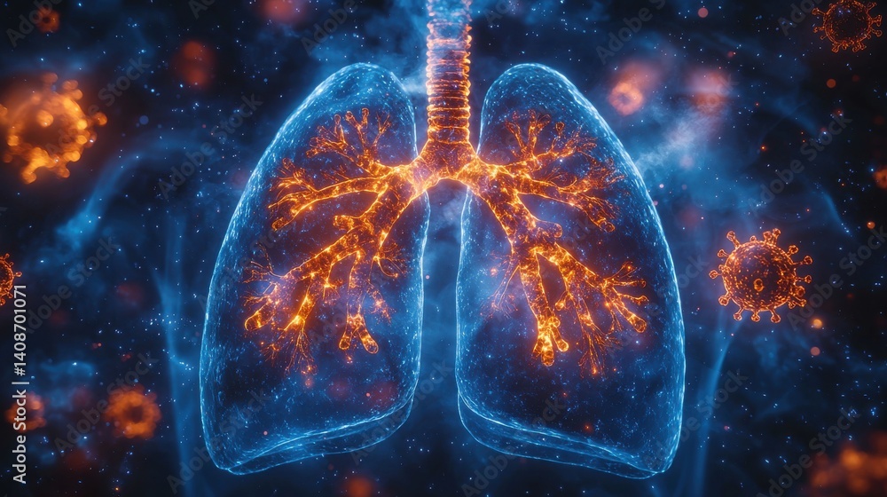 Poster glowing digital representation of the human lungs in a fiery abstract visualization this conceptual 