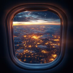 Fototapeta premium Breathtaking night cityscape viewed from airplane window during dusk flight over glowing metropolitan skyline