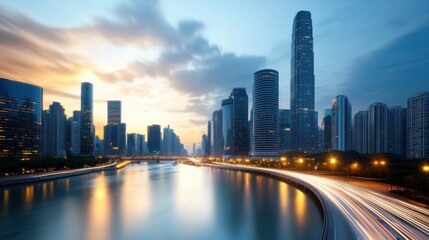 Obraz premium Breathtaking panoramic view of a modern futuristic city skyline with towering high rise office buildings and skyscrapers reflected in the calm waters of a river