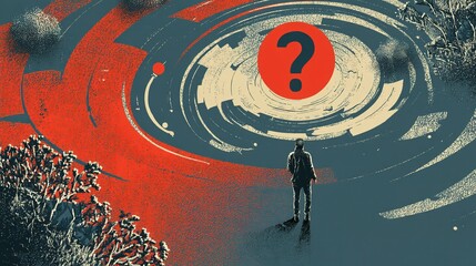 A contemplative figure confronts a cosmic enigma.