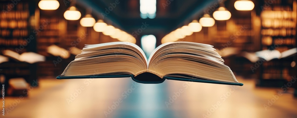 Poster books floating in the air in a literature and reading concept. an open book floating in a serene lib