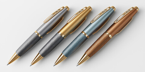 Fototapeta premium Four elegant metallic pens with gold accents lying on white background