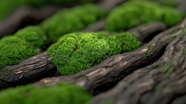 A close-up view of moss growing on tree bark, showcasing vibrant green hues against the textured brown wood.