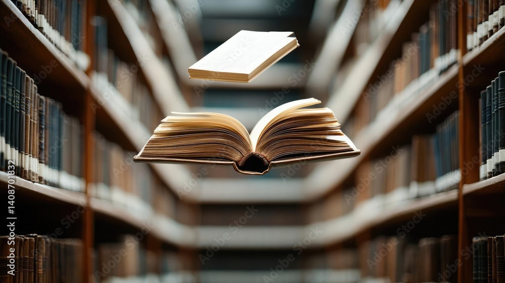 Poster books floating in the air on reading and shelf concept. floating books in a vast library, symbolizin