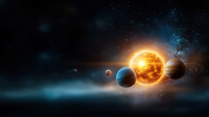 Obraz premium Dramatic and Majestic Cosmic Explosion in a Vibrant Starry Galaxy Backdrop with Orbiting Planets and Glowing Celestial Elements A Powerful Astronomical and Interstellar Scene