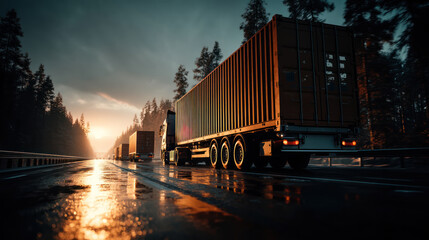 A fleet of trucks carrying cargo containers drives on wet highway during summer sunset, reflecting light beautifully