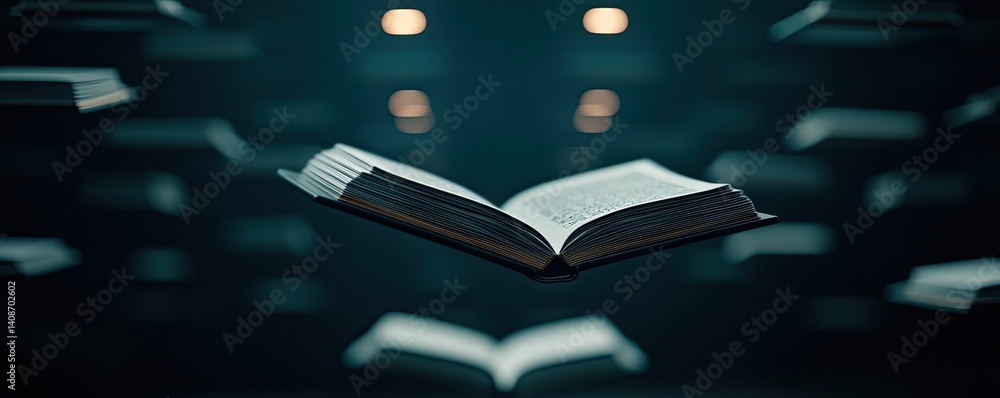 Poster books floating in the air as part of a float and education concept. an open book floating in a dark,