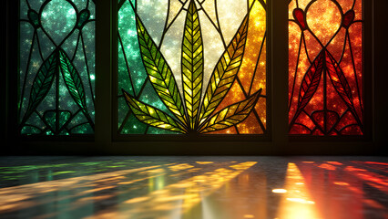 Fototapeta premium A stained glass window fuses cannabis leaves and gemstones. Sunlight creates rainbows on marble. Gothic-meets-psychedelic art.