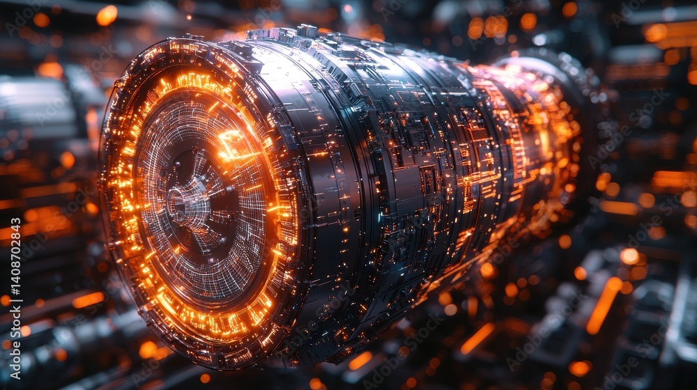 Poster futuristic particle collider reactor glowing with radiant energy and power showcasing the dynamic mo