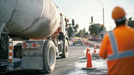 A cement truck driver preparing to pour concrete for a road project. Featuring speed and efficiency