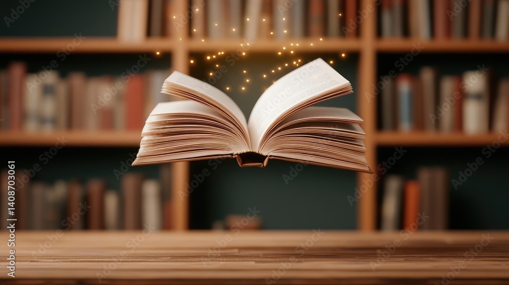 Poster books floating in the air in a literature and reading concept. an enchanting floating book casting m