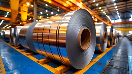 Industrial manufacturing warehouse with steel coils and
