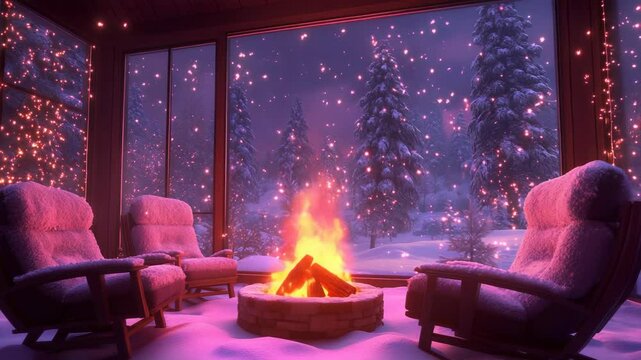 Cozy winter cabin scene with fire pit and three rocking chairs overlooking snow-covered forest at twilight illuminated by festive string lights