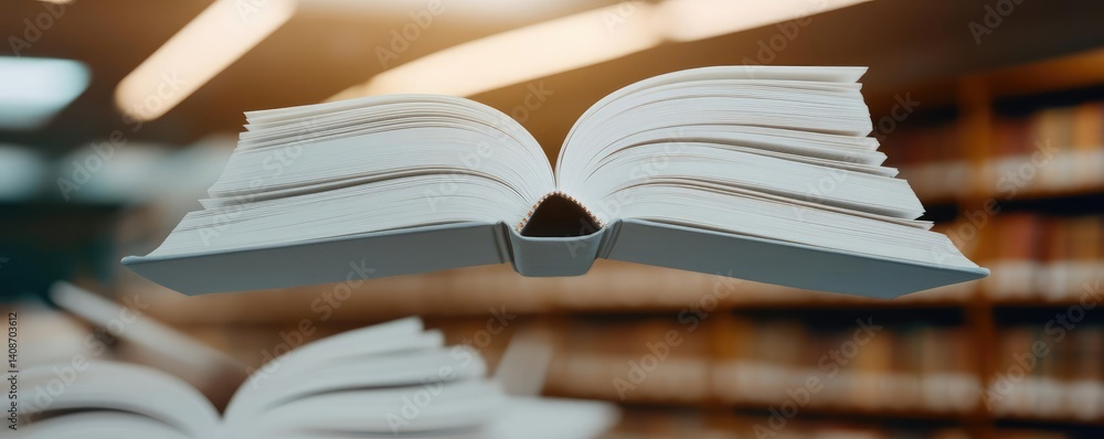Poster books floating in the air in a literature and reading concept. an open book floating in a library, s