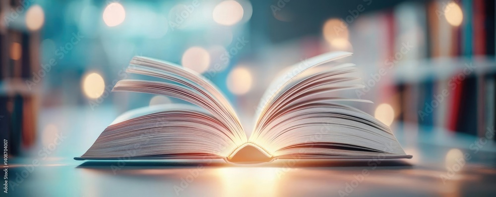 Poster books floating in the air as part of a float and education concept. open book on a table glowing in 