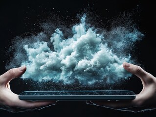 A hands-on digital display creates a cloud-like effect, blending technology with nature in a captivating visual representation.
