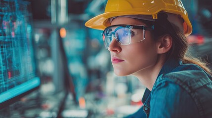 Vision of Engineering: A determined woman, clad in a yellow hardhat and safety glasses, studies digital schematics displayed on computer screens.