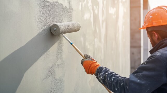 A commercial painter using a roller to apply primer to a concrete wall. Featuring precision and uniformity