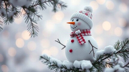 Small snowman in blue hat enjoys falling snow