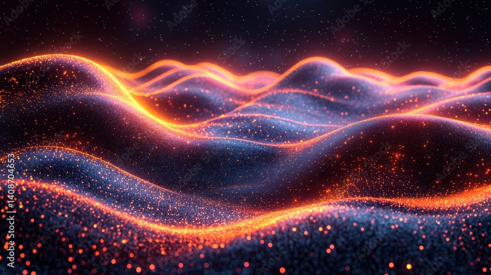Poster mesmerizing cosmic landscape featuring luminous waves of energy glowing particles and a captivating 