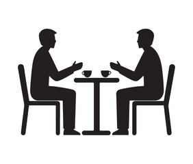 Simple vector icon of two people sitting at a table. Silhouette conversation business or coffee table talk illustration.