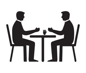Simple vector icon of two people sitting at a table. Silhouette conversation business or coffee table talk illustration.