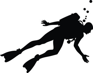Silhouette of Diver with Flippers and Air Bubbles on a Transparent Background