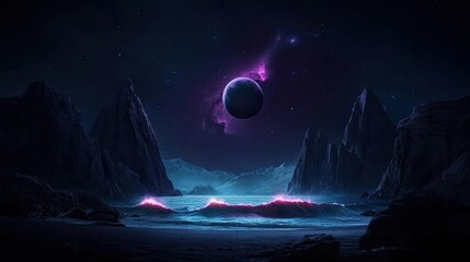 Obraz premium Landscape of alien planet under surreal moon and atmosphere concept. A cosmic landscape featuring glowing waves and a distant planet.