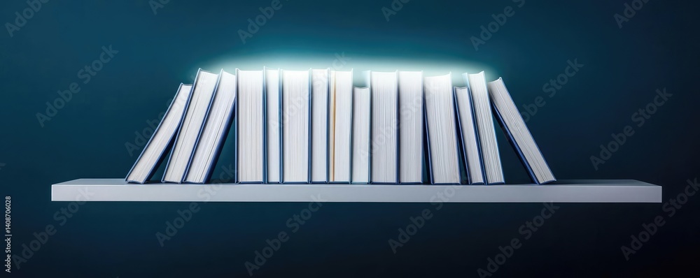 Poster books floating in the air as part of a float and education concept. minimalist bookshelf with glowin